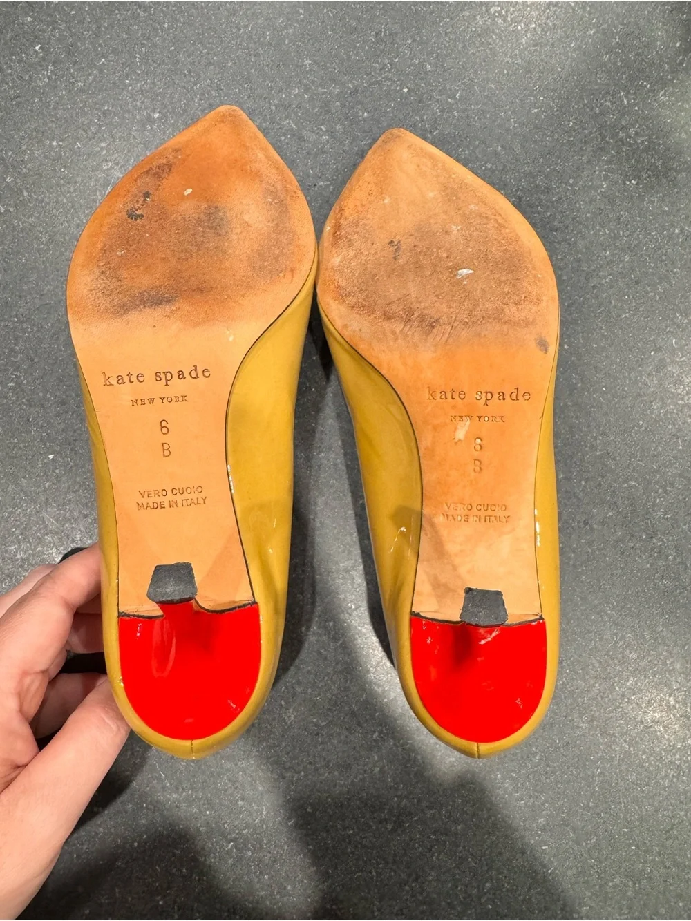kate spade Tan Patent Pointed-Toe Pumps with Bow Detail and Red heel